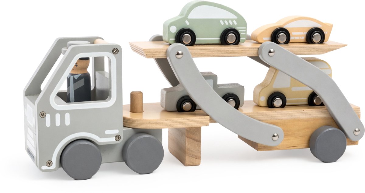 Mamabrum Houten Autotransporter met Auto’s – Houten Vrachtwagen met Aanhanger en Oprijplaat