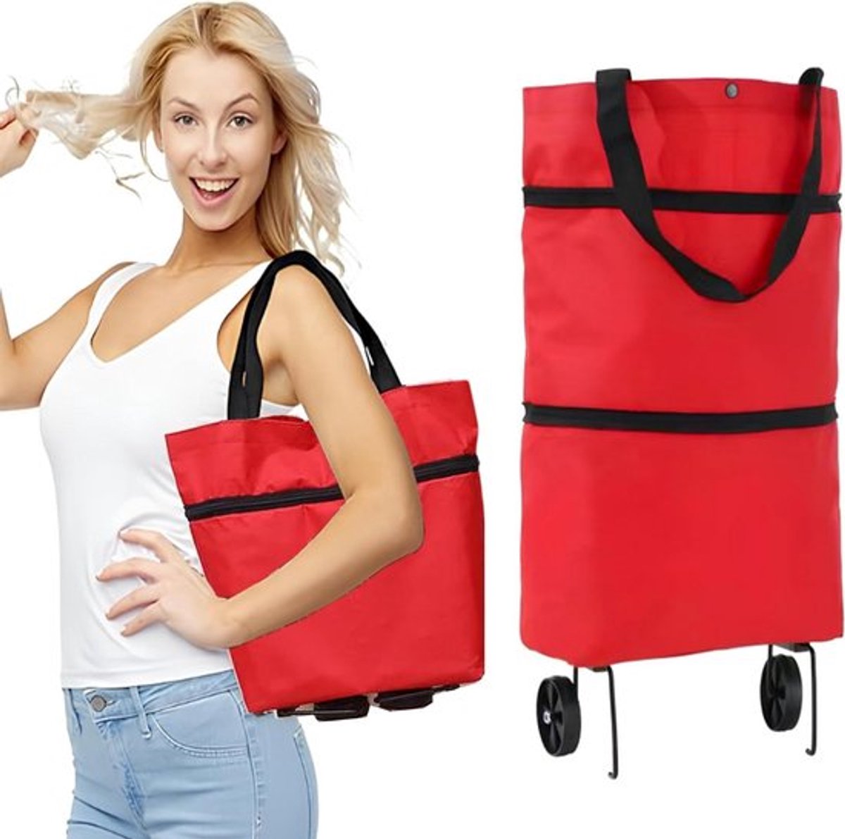 Opvouwbare winkelwagen met uitbreidbare trolley en wielen - Rood.