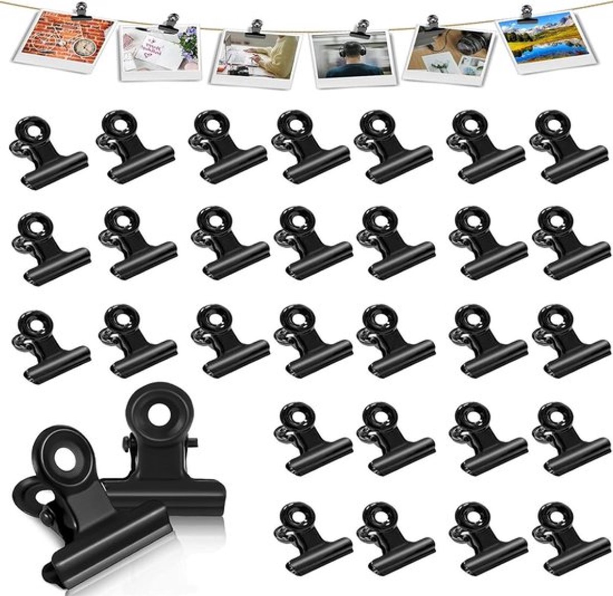 Set van 30 kleine metalen bulldog klemmen voor foto's, kantoor en keuken in zwart (22 mm)