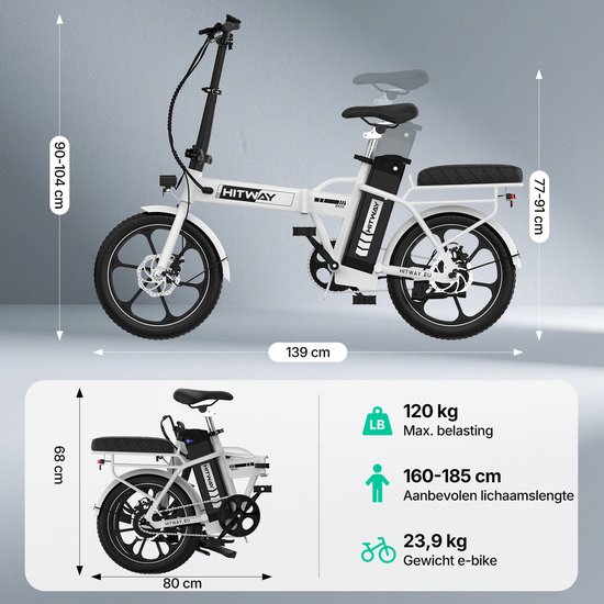 Hitway Elektrische Fiets BK5SL - 16 Inch City Commuter EBike met Afneembare 36V 13Ah Lithium Batterij - Opvouwbaar E-Bike met 250W Motor - IP54 Waterproof — afbeelding 2