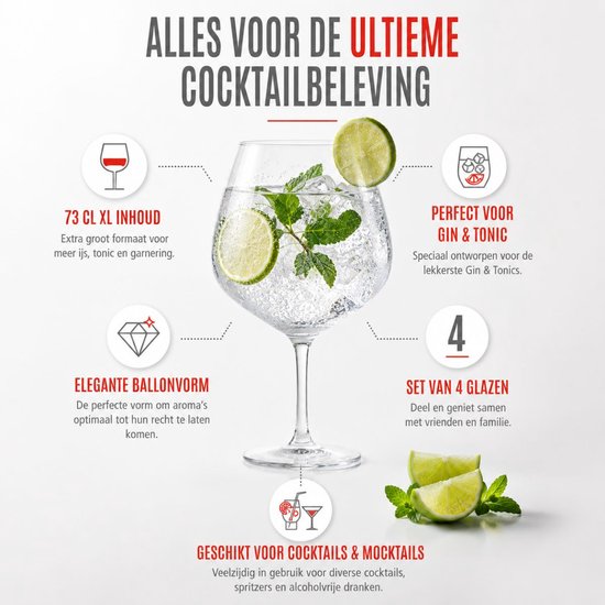 alpina Cocktailglazen 4 Stuks - Glazen voor Gin Tonic, Aperol Spritz en Cocktails - Gin & Tonic Glas 73 cl - Cocktailset - Glas