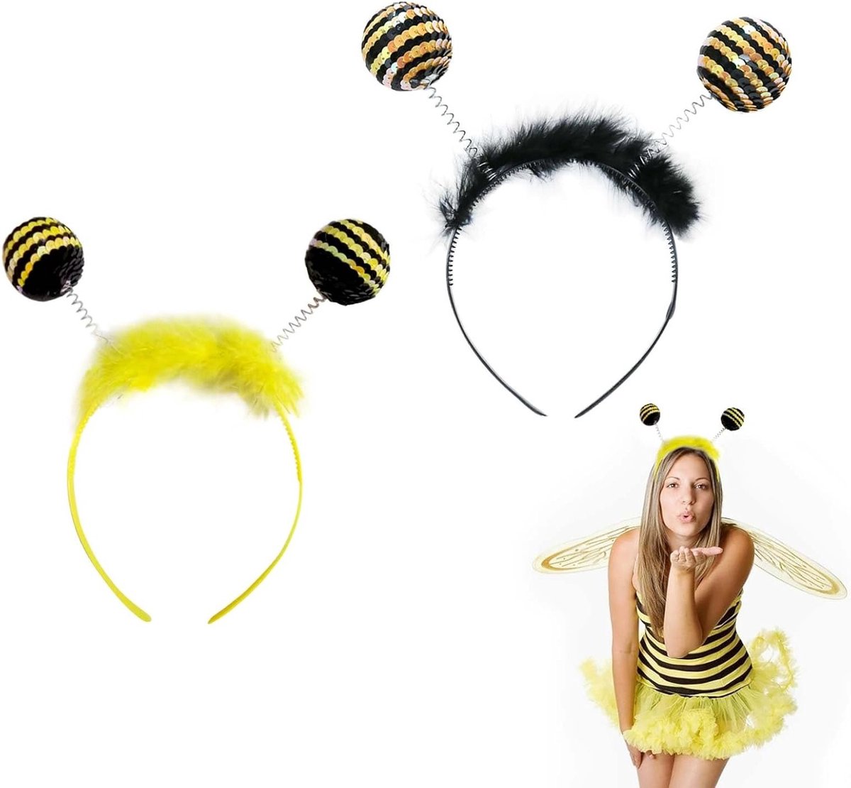 Set van 2 Haarbanden in Geel en Zwart - Met Sensoren en Gele Veer - Perfect voor Feestjes, Cosplay en Festivals