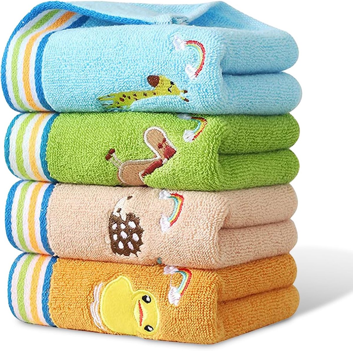 JeiibrZui Cartoon Handdoeken Set - 4 Stuks - 25x50cm - Geborduurd Dierenpatroon - 100% Katoen - Zacht en Absorberend - Voor Sport Camping Badkamer en als Cadeau - Multicolor