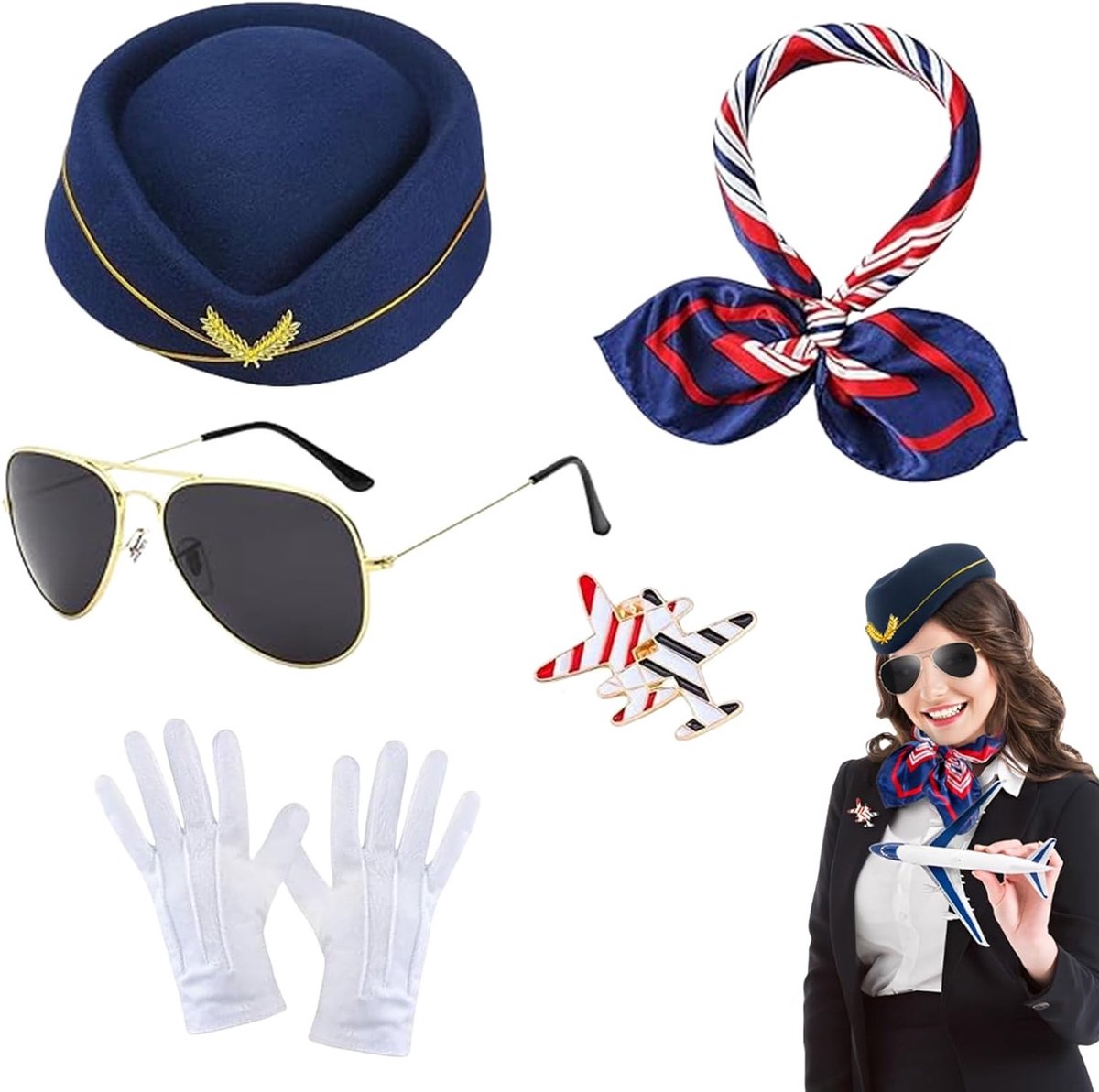 Professioneel Vrouwelijk Stewardess Kostuum Set met Hoed, Handschoenen en Broche voor Halloween, Cosplay en Feestjes