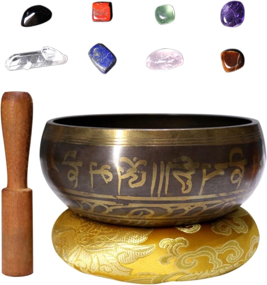 Handgemaakte Tibetaanse Klankschalen met Chakra Stenen voor Meditatie, Yoga en Stressverlichting - 3.35'' Geluidstherapie voor Diepe Ontspanning en Zen-ervaring