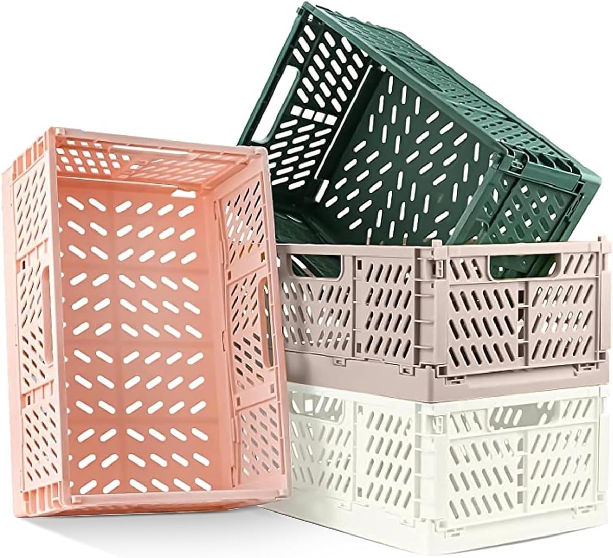 Vouwbare Opbergdozen Set van 4, Stevige Plastic Boxen, Stapelbare Opbergmanden voor Keuken, Slaapkamer en Tuin - 42 x 28 x 16 cm (Grijs+Donkergroen)