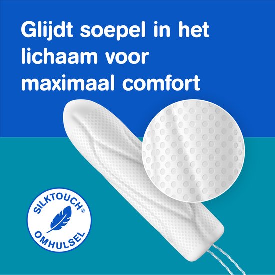 Gedetailleerde afbeelding van een o.b. tampon met SilkTouch omhulsel, met een vergrote weergave van de textuur.