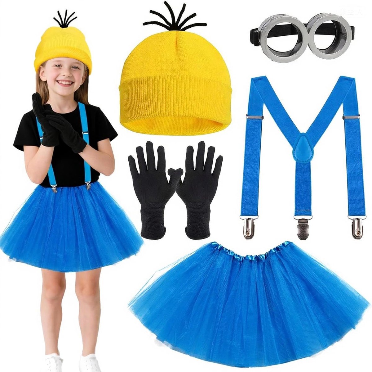 Grappig Minion Kostuum voor Kinderen met Steampunk Bril, Hoed en Zwarte Handschoenen voor Halloween en Cosplay