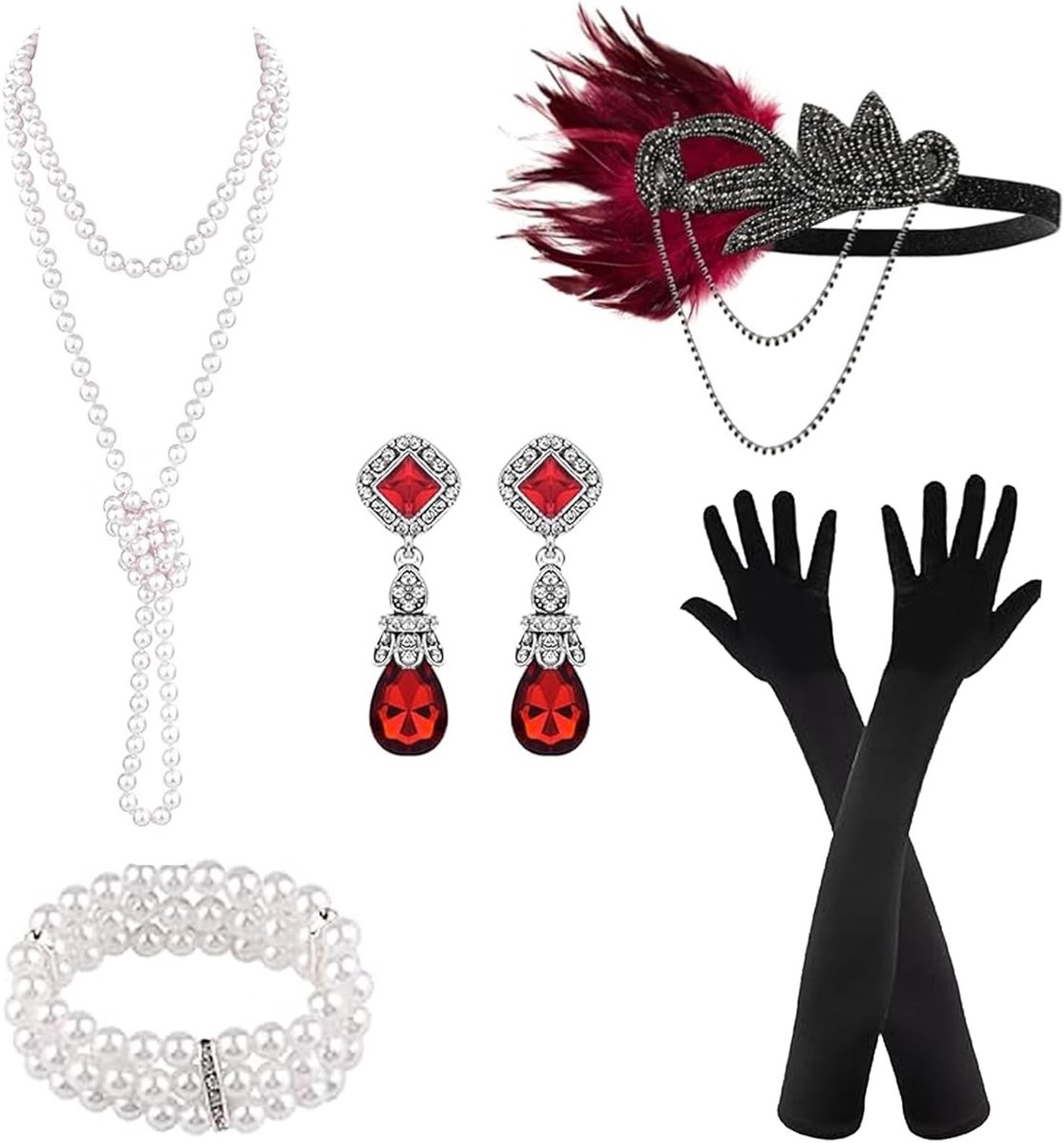 Stijlvol jaren '20 damesaccessoireset met hoofdband, ketting, handschoenen en handprops voor kostuumfeesten