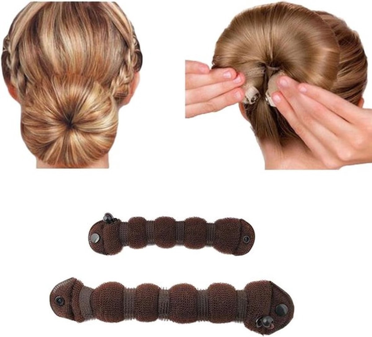 Haarbunmaker voor knot-styling - Set van 2 - bruin - kappersringen, donut, spons