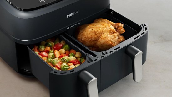 Philips 3000 Series Dual Airfryer - NA351/00 - Dubbele Mand - 9L - Tot 6 Personen - Zwart/Zilver