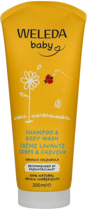 Gele Weleda baby shampoo & body wash tube met witte dop, met illustratie van bloem, lieveheersbeestje en vlinder.