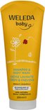 Gele Weleda baby shampoo & body wash tube met witte dop, met illustratie van bloem, lieveheersbeestje en vlinder.