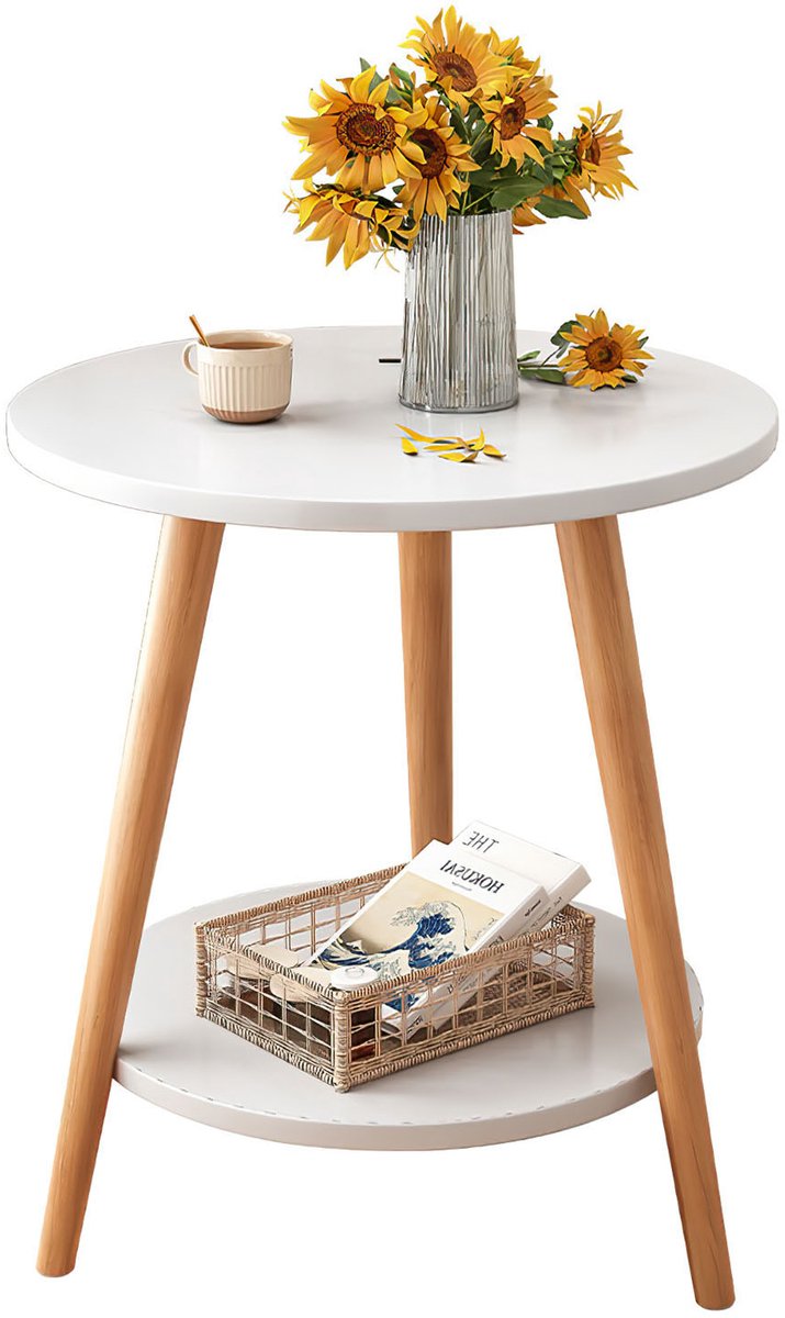 AIMASON Ronde Bijzettafel met 2 Lagen - Kleine Salontafel voor Woonkamer - Moderne Banktafel en Nachtkastje - Warm Wit 50×50×60CM