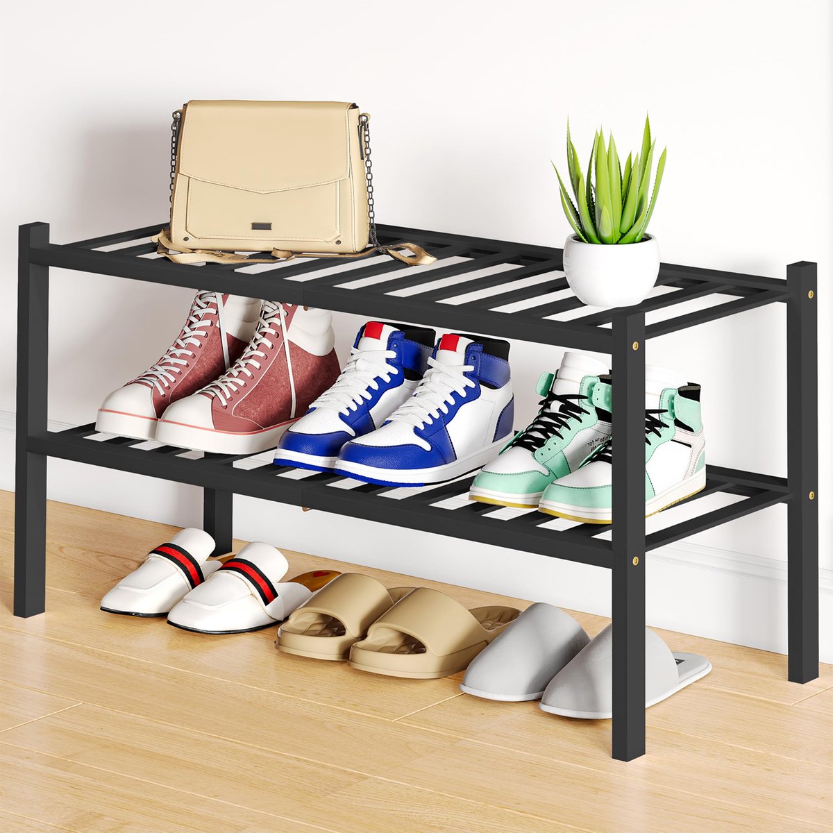 Homaxy - Schoenenrek (2 niveaus) - Bamboe Schoenenrek - Houten Schoenenkast -Schoenenrek hout - 68x28x33cm - Zwart