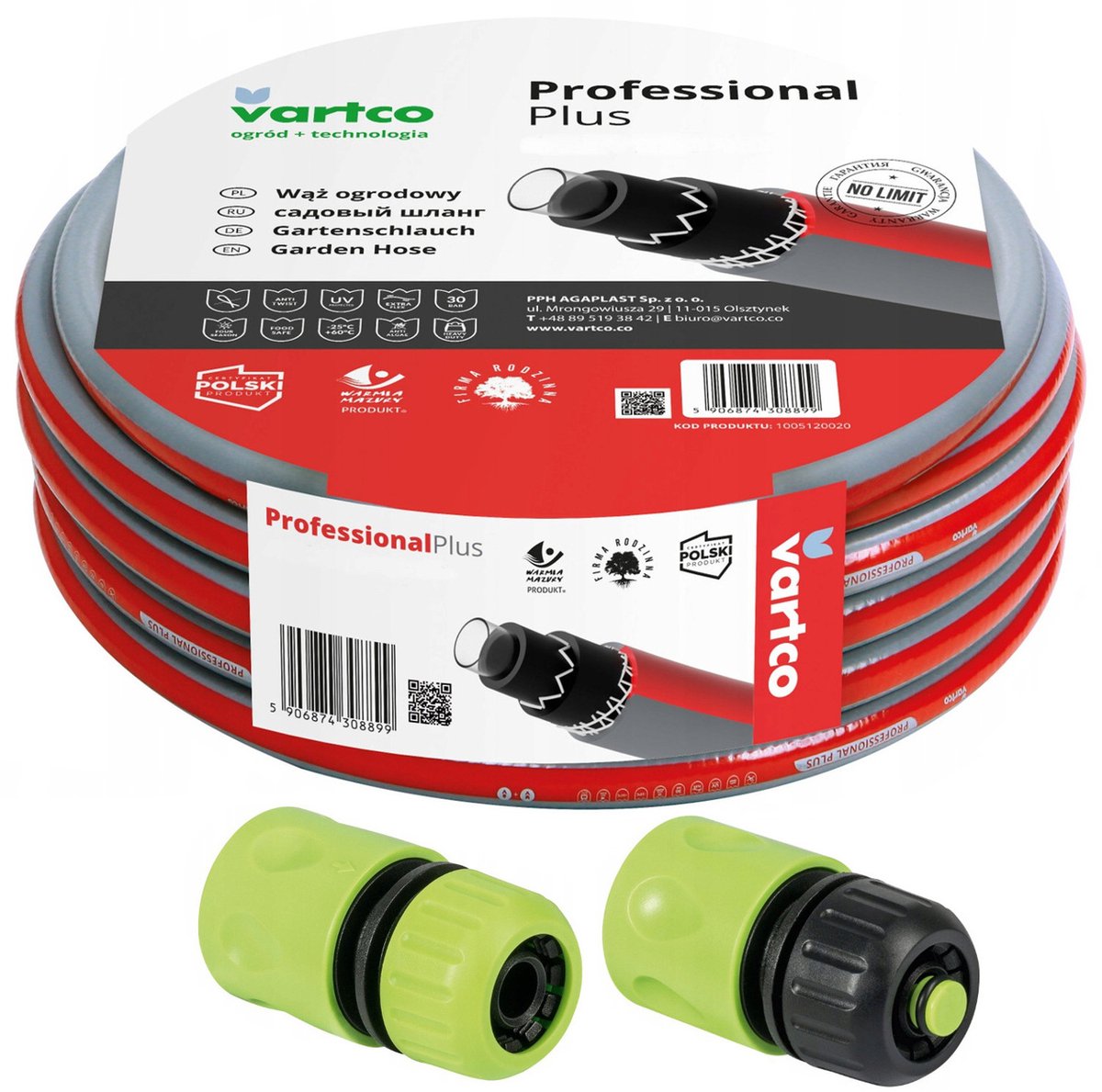 Vartco - Tuinslang 6 lagen 30m 1/2" - UV- en algenbestendig - met koppelingen