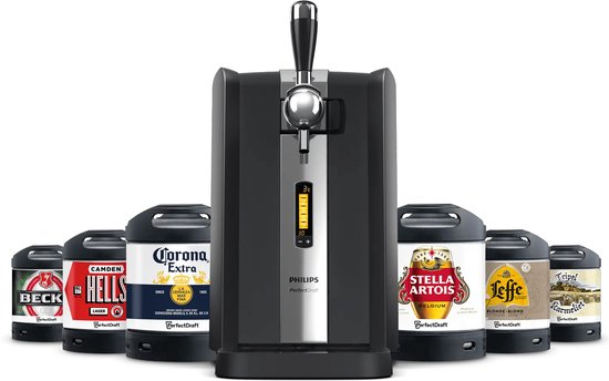 Zwarte Philips PerfectDraft thuistap met een taphendel en zeven bierfusten eromheen.