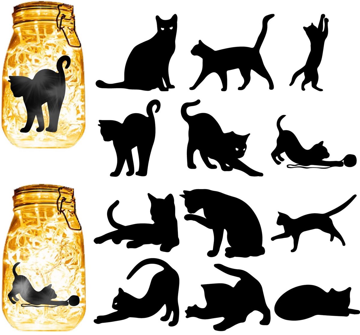 Dailygoods - Dailygoody - Kat Silhouetten - Laser Cut Decoraties - Ideaal voor DIY Crafting - Zwart - Voor Lantaarn Potten - Perfect voor Feestdagen - 12 Stuks