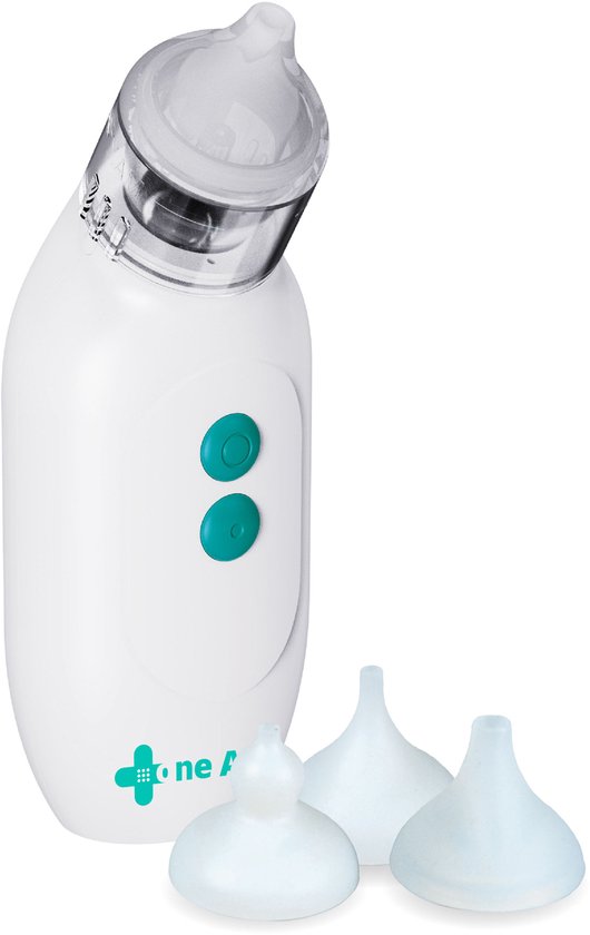 Witte elektrische neusreiniger van One Aid, met twee turquoise knoppen en drie losse, doorzichtige opzetstukken.