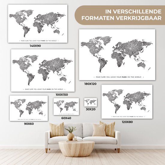 Wereldkaart en toile - Citation - Empreinte digitale - 180x120 cm - Décoration murale