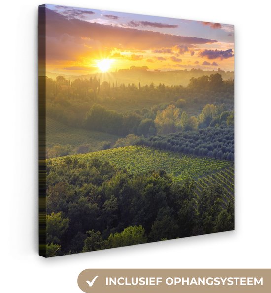 Canvas schilderij 20x20 cm - Wanddecoratie Toscane - Landschap - Zon - Muurdecoratie woonkamer - Slaapkamer decoratie - Kamer accessoires - Schilderijen op canvas