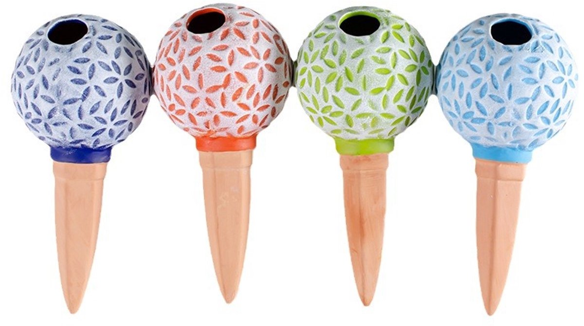 Set van 8 Decoratieve Plantenbewateringsbollen (4 Kleuren, 2 Stuks per Kleur) – Handgemaakte Terracotta Watergevers voor Kamer- en Tuinplanten