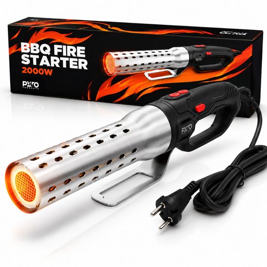 Elektrische BBQ aansteker met verlichte opening, naast de originele verpakking met vlammenprint.