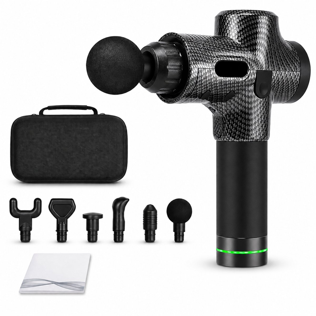 Gloovon® Massage Gun - Massagepistool - 12mm Amplitude & 30 Standen - Inclusief 6 Opzetstukken & Stevige Koffer - LCD Display - Stil - Zwart