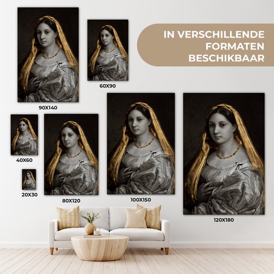 Canvas doek - De gesluierde vrouw - Goud - Kunst - 90x140 cm - Oude meesters - Raffaeolo Sanzio - Tinten - Woonkamer