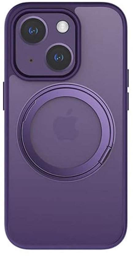 Donkerpaars iPhone 15 Plus hoesje met cirkelvormige ring en Apple logo.