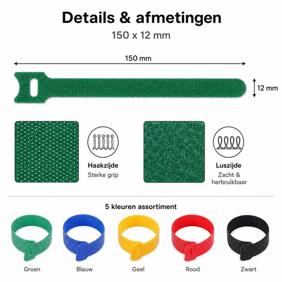Groene kabelbinder, 150 x 12 mm, met haak- en luszijde. Verkrijgbaar in groen, blauw, geel, rood en zwart.