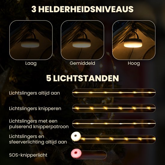 Tech Essentials® Solar Camping Lichtsnoer Met Afstandsbediening - 20 Meter - IP67 Waterdicht - Oprolbaar - Oplaadbaar - Warm-Wit - Verlichting Buiten Slinger - Lampjes - Lampenslinger - Kampeerlamp - Tentlamp van Merkloos — afbeelding 4