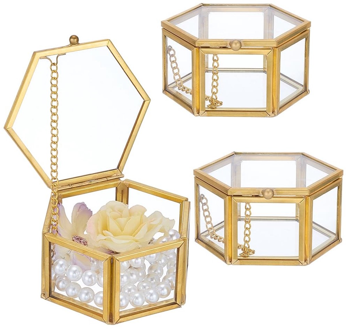 Dailygoods - Dailygoody - Gouden Glazen Doos - Vintage sieradenopberger - Set van 3 - Decoratieve opbergdoos - Multifunctioneel - Geschikt voor sieraden - Gouden k