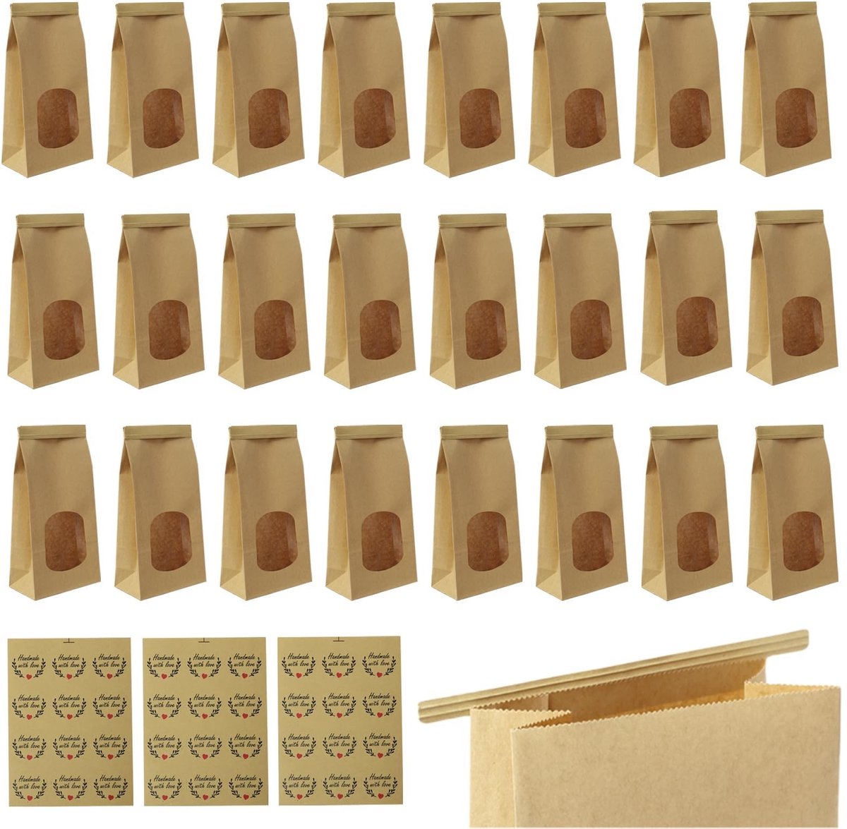 Dailygoods - 24 Stuks Kraftpapieren Zakjes met Kijkvenster en Stickers