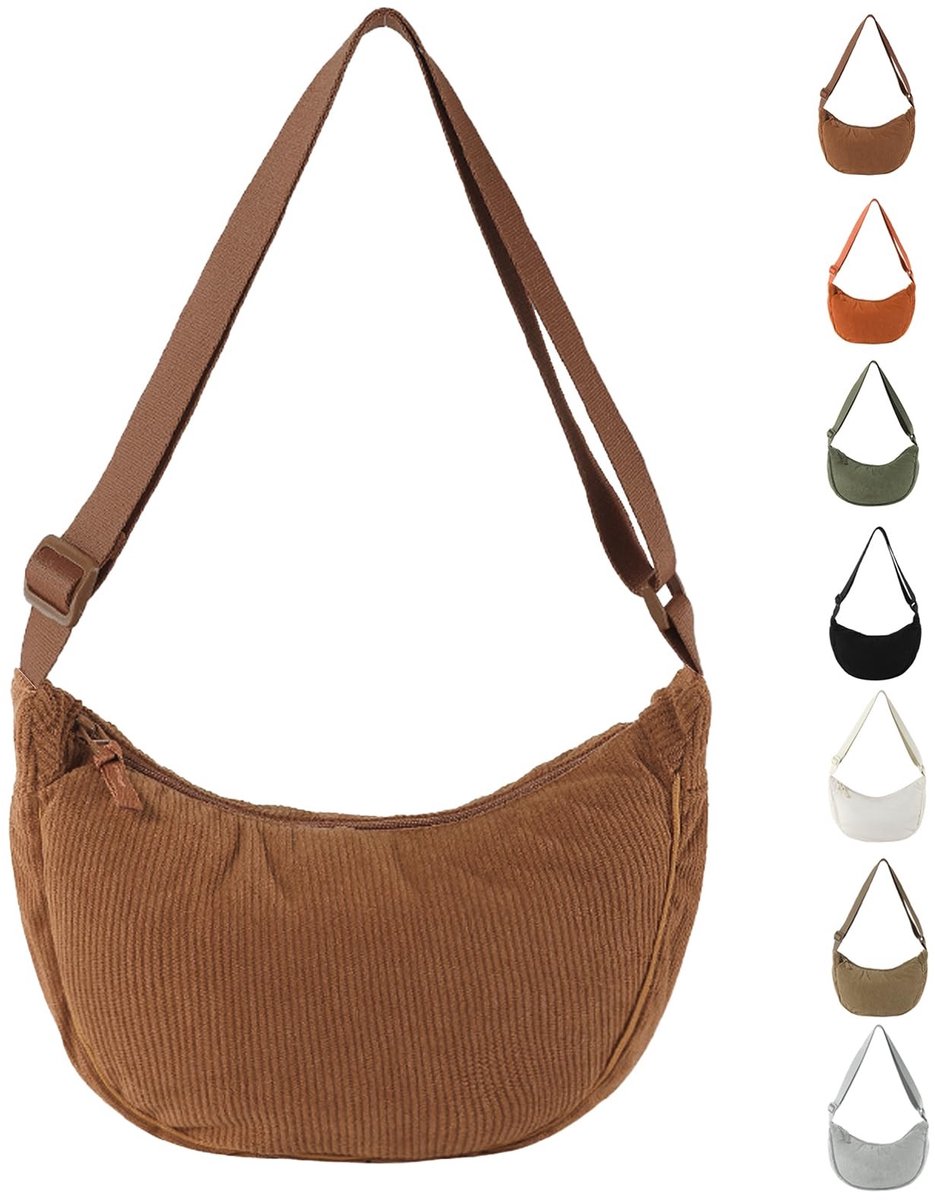 Dailygoody - Corduroy halvemaanvormige tas - Crossbodytas voor dames - Verstelbare schouderriem - Ideaal voor reizen - Ribfluweel tas - Perfect voor d
