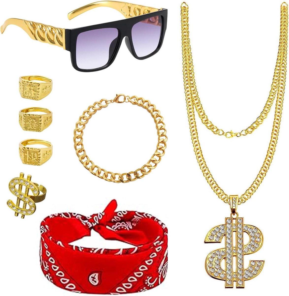 Hip Hop Kostuumaccessoires Set van 8, Retro 80s 90s Rapper Outfit met Dollarbril en Kleding voor Cosplay, Carnaval en Themafeesten voor Mannen en Vrouwen