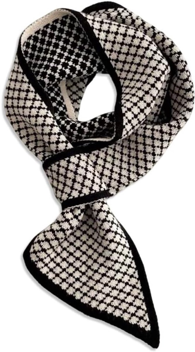 Dames Skinny Gebreide Sjaal voor de Winter met Retro Ruitpatroon en Eenvoudig Trekontwerp, Ideaal als Warme Col en Neckerchief