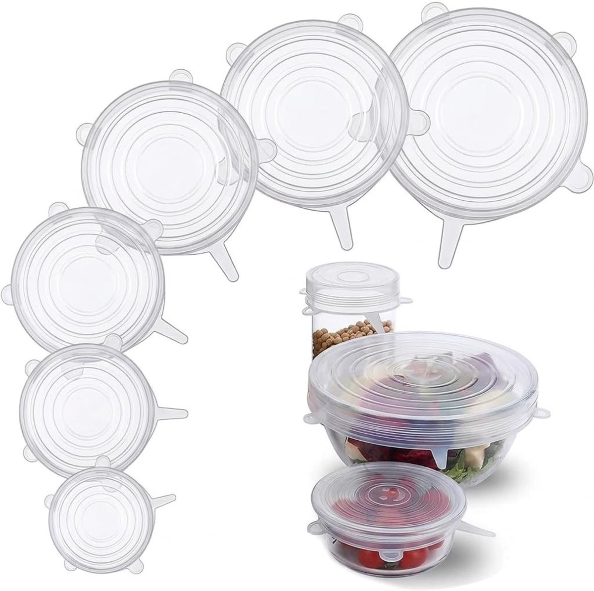 Herbruikbare Silicoon Stretch Deksel, Duurzaam en Flexibel Sealing Lid in Meerdere Maten (Set van 6) voor Versheid, Bewaren en Afdekken
