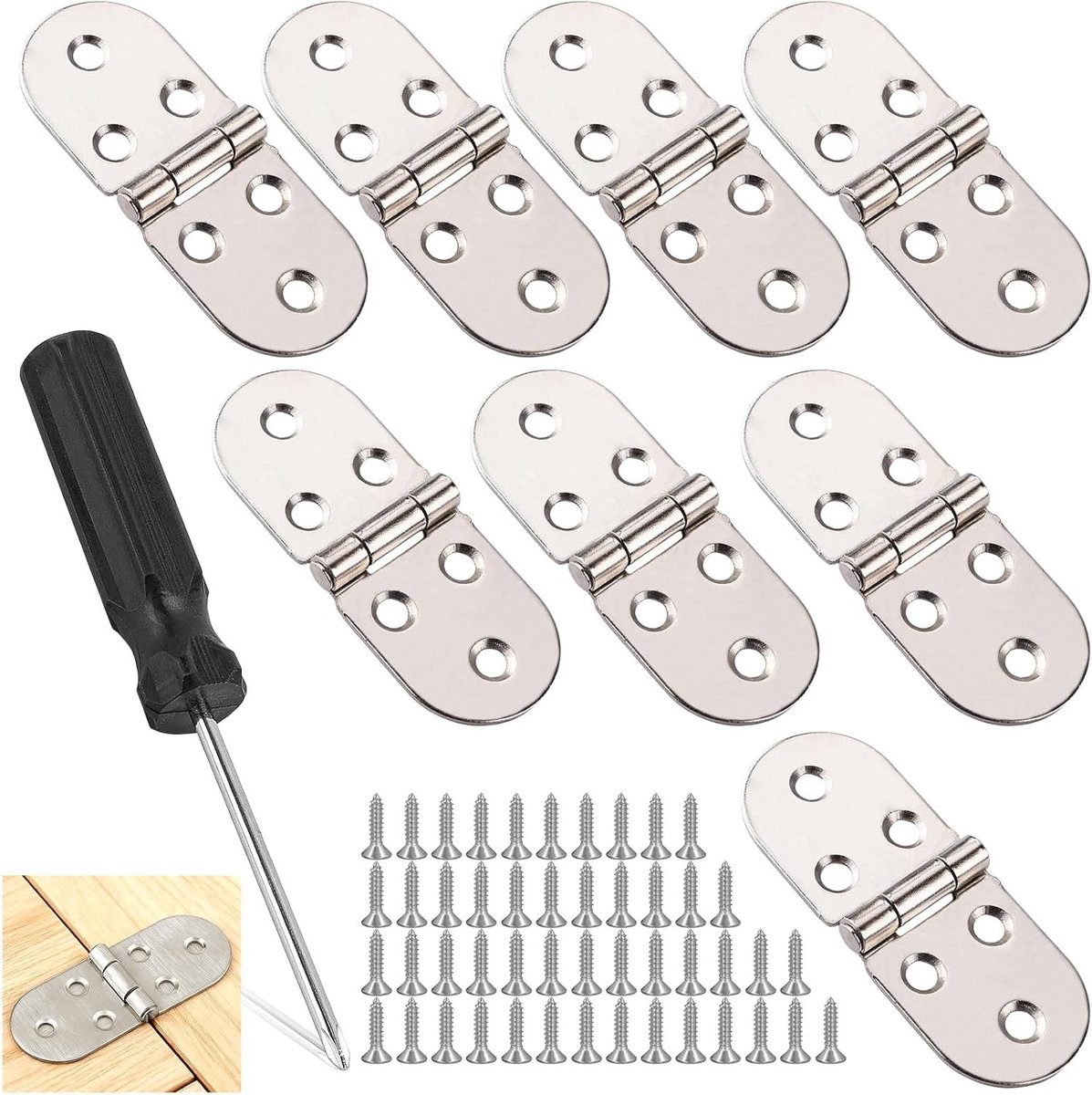 8-delige RVS Scharnier Set, 180° Vouwscharnier voor Tafels, Kasten en Meubels met Schroeven en Schroevendraaier