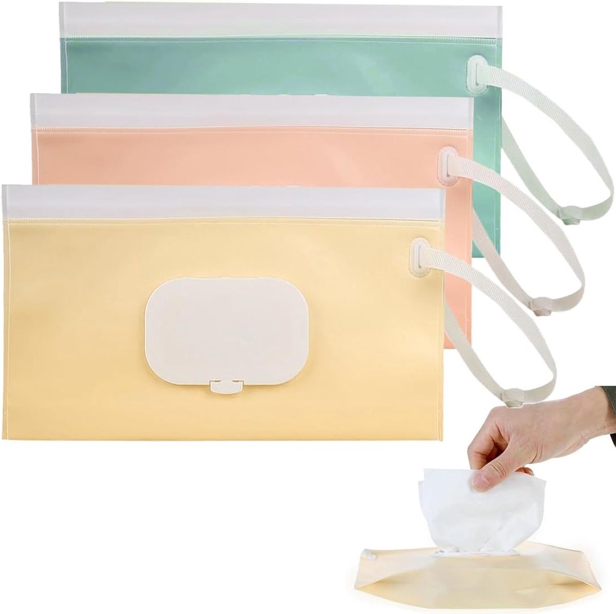Verzorgingsdoekjes voor Baby's - 3-Pack Herbruikbare Doekjes Dispenser, Draagbaar en Vulbaar, Water- en Stofdicht (Roze, Groen & Beige)
