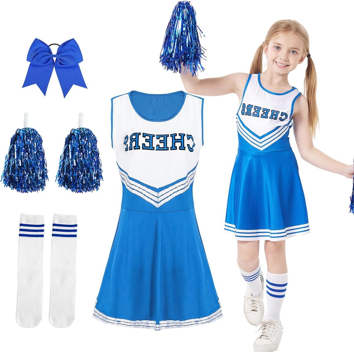Carnavalsjurk voor Meisjes, Cheerleader Kostuum met Pompons en Strik Haarspeldjes voor Feestelijke Gelegenheden