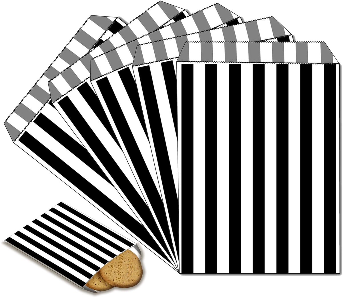 Dailygoods - Dailygoody - Gestreepte Snoepzakken - Papieren Zakjes - Perfect voor Feesten - Zwart 13 x 18 cm - Snacks en Cadeaus - 100 Stuks - Bruiloft en Kinderfe.