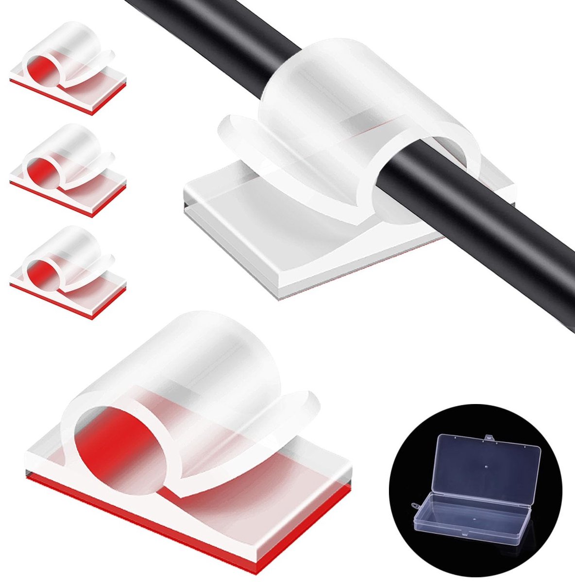 Zelfklevende kabelclips voor kabelmanagement, 50 stuks, ronde clips voor bureau, muur en kantoor, ideaal voor USB en HDMI kabels, transparant