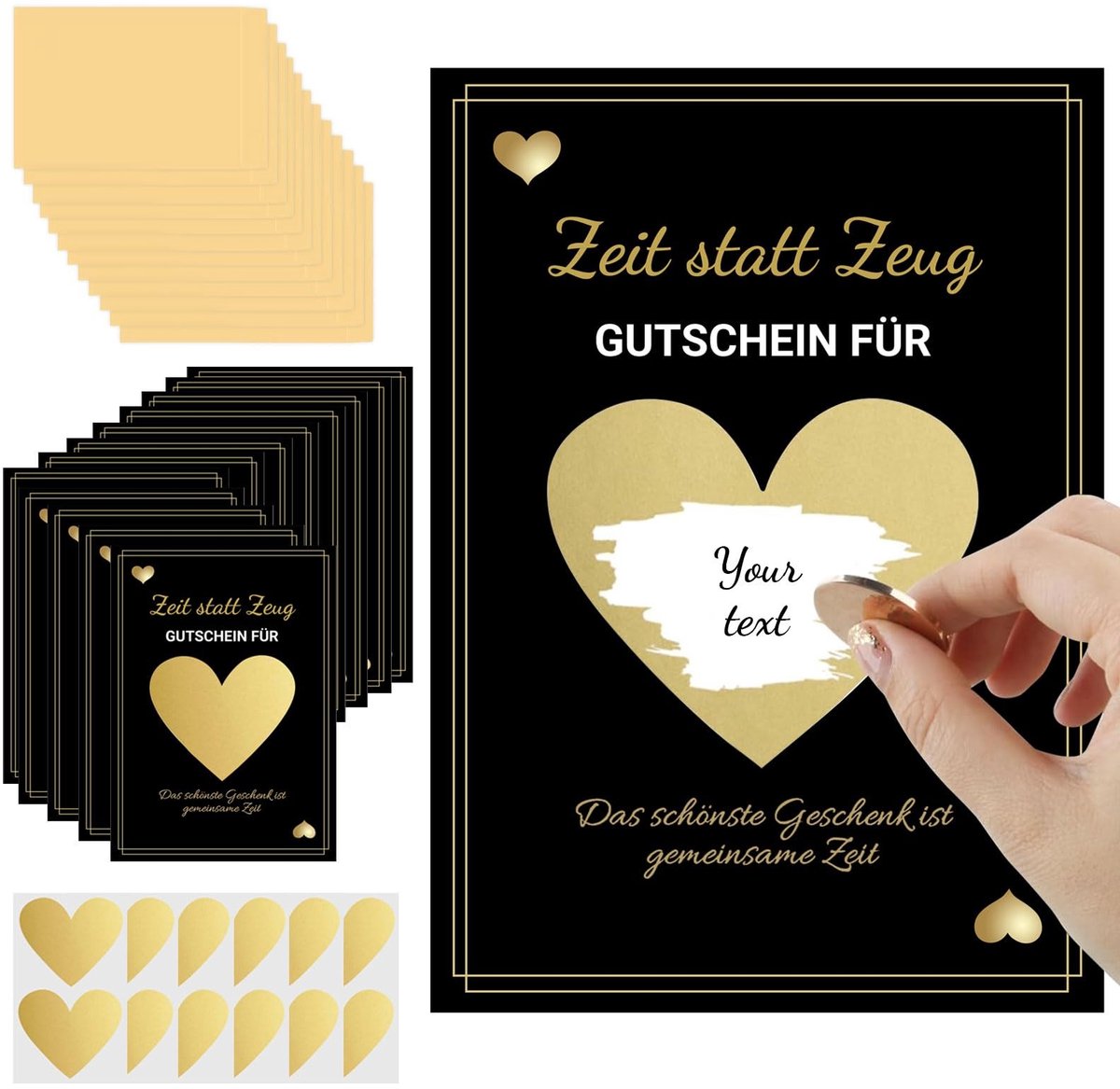 Dailygoody - Cadeaubonnen Set - Zelf Invullen - Tijd in Plaats van Spullen - Zwart-Goud Design - Kraskaarten met Enveloppen - Origineel Cadeau-idee vo.