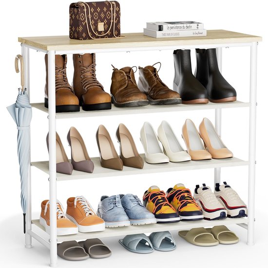 HOMIDEC Schoenenrek, 4 niveaus, schoenenrek met houten plank als bovenste plank, schoenenopslag voor 12-16 paar schoenen en laarzen, planken van vliesstof, schoenenrek, ruimtebesparend geschikt (wit)
