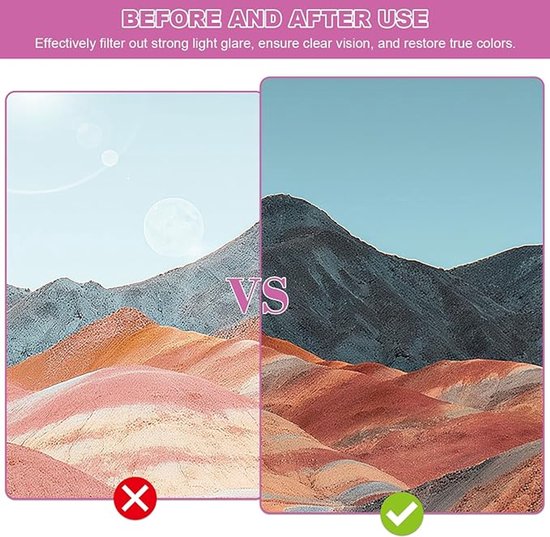 Vergelijking van bergen voor en na het dragen van de zonnebril, waarbij de kleuren en helderheid verbeteren.
