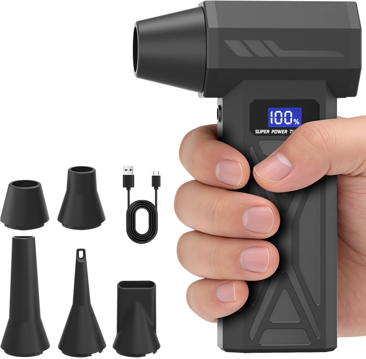 Persluchtstofafzuiger met 5 sproeiers, hoge luchtsnelheid van 150.000 tpm, LED-verlichting en display, instelbare persluchtreiniger met 4 snelheden, geschikt voor computers/auto's, oplaadbare mini-stofblazer met elektrische stofafzuigventilator.
