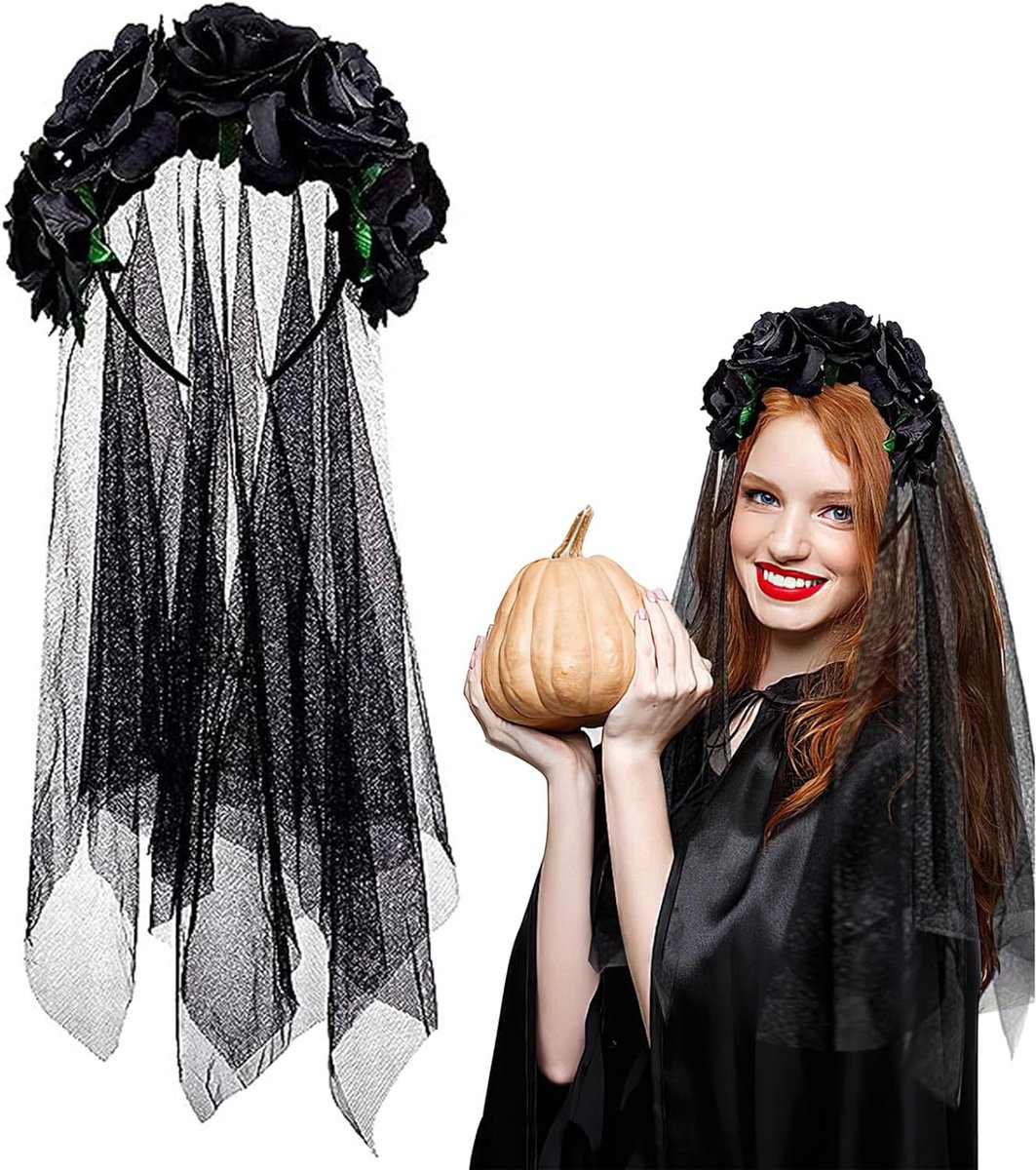 Zwarte Bruidsluier voor Halloween, Haarband met Zwarte Rozen en Mexicaanse Bloemenkroon voor Cosplay en Feestjes