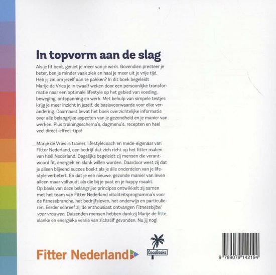 Boekomslag met tekst 'In topvorm aan de slag', Marije de Vries, Fitter Nederland en Cocoboooks.
