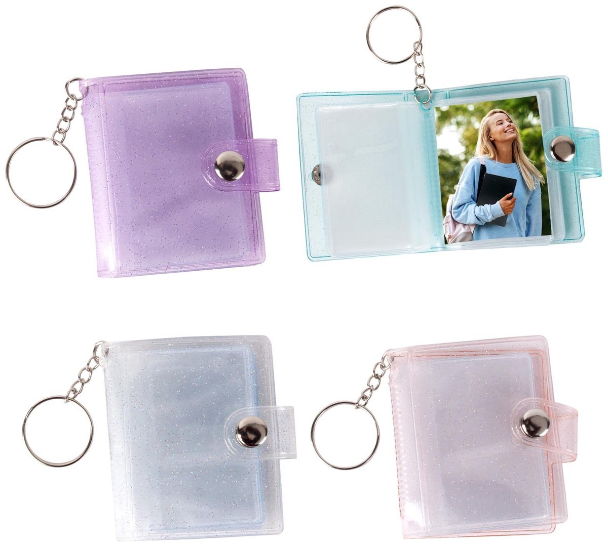 Dailygoody - Mini Fotoalbum Sleutelhanger - 4 Stuks - Doorzichtig - Compact - Fotoopslag - Geschikt voor ID-foto's en Afbeeldingen - Kleurvarianten